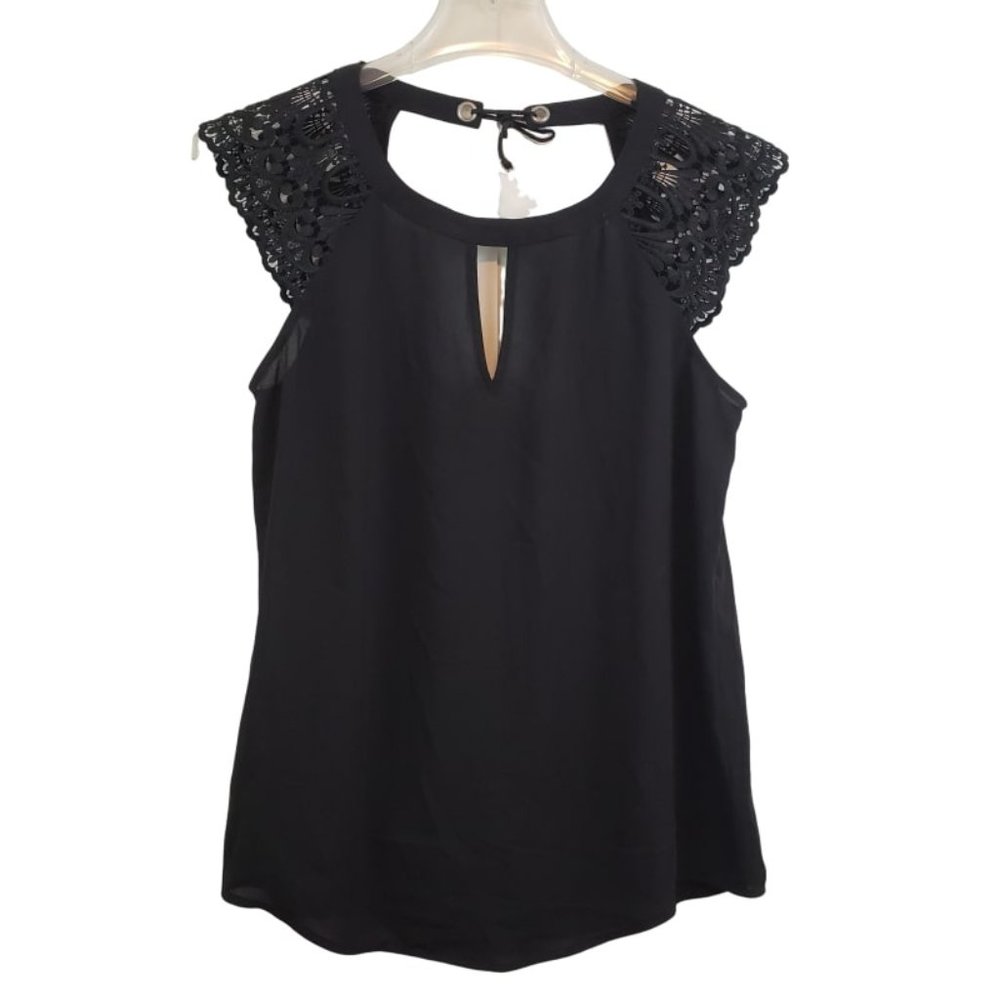 EXPRESS Petite Small Sheer Black Sleeveless Top Lace Shoulders Keyhole Back